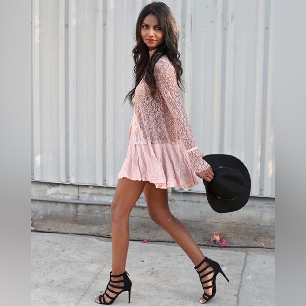 Free People Blush Pink Lace Long-Sleeve Mini Dress